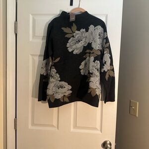J Jill Funnel Neck Floral Sweater, Charcoal Greyw/ white flowers,  NWT, Medium